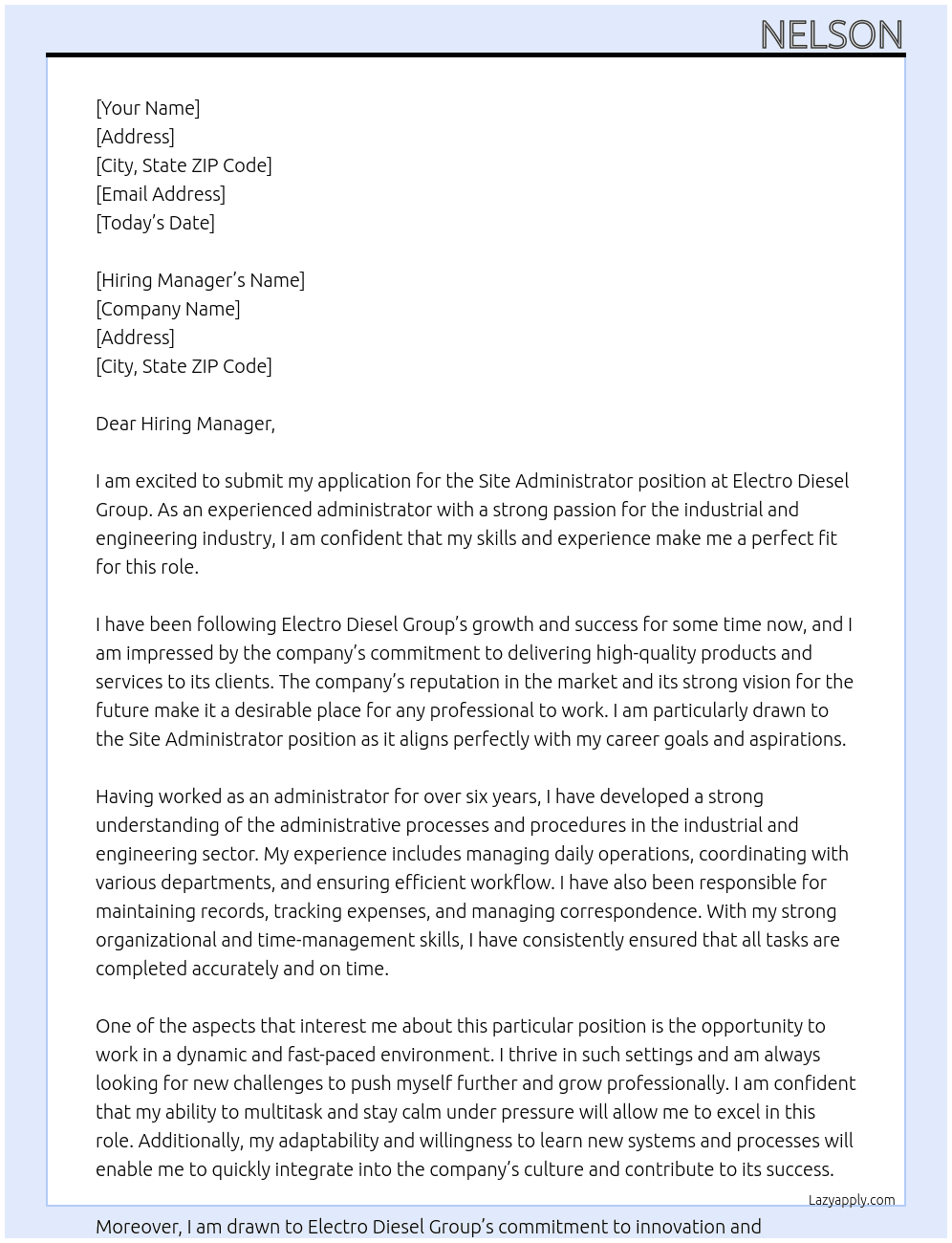 Site Administrator At Electro Diesel Group Cover Letter