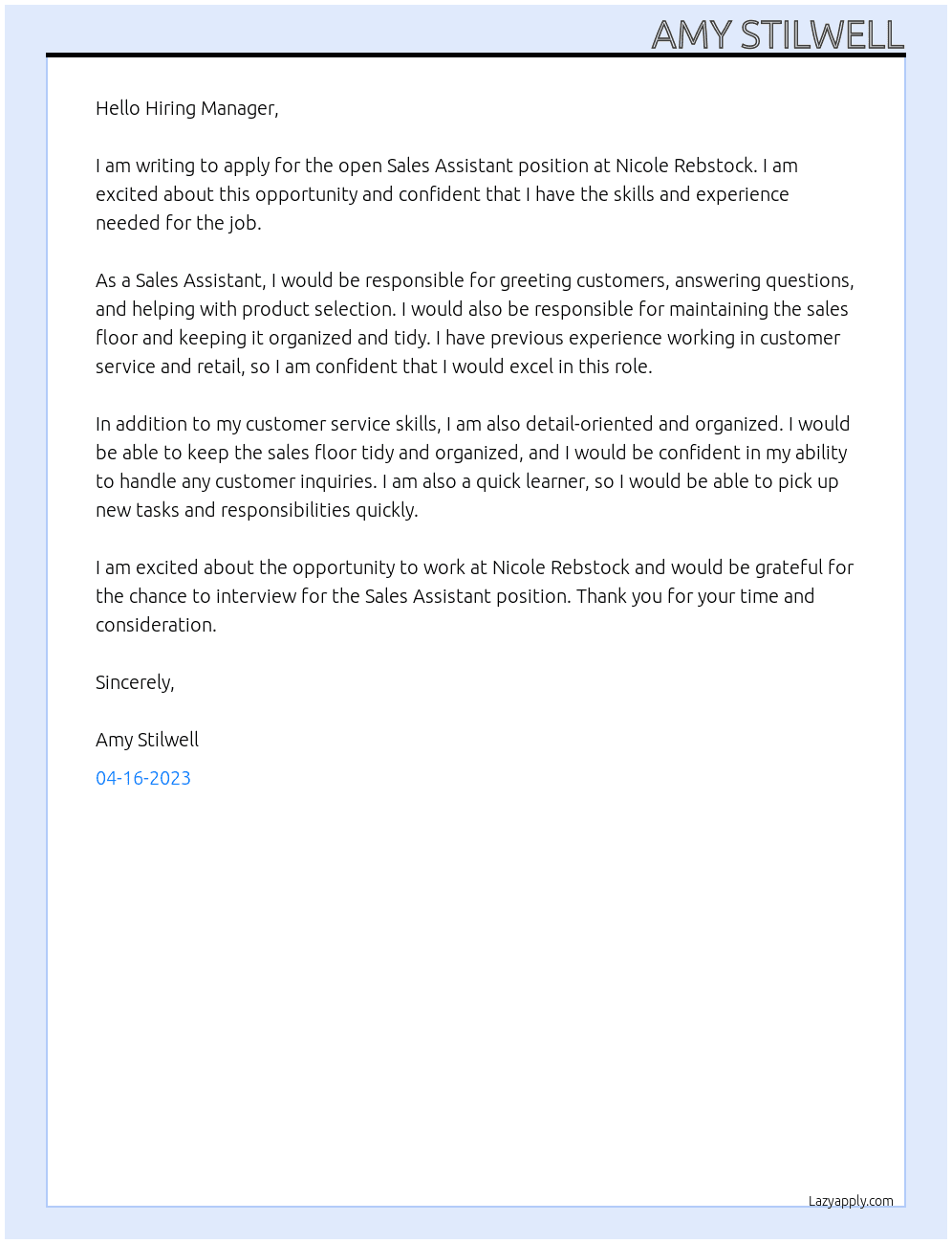 Sales assistant (part-time) At Nicole Rebstock Cover Letter