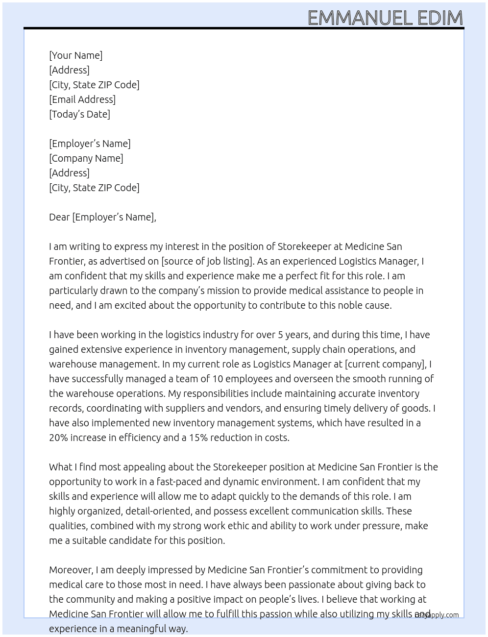Store keeper  At Medicine San frontier  Cover Letter