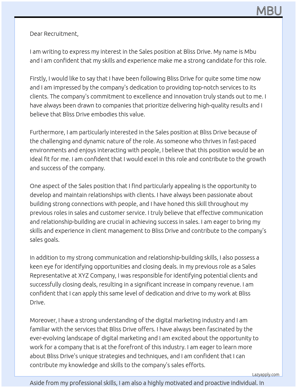 Sales At Bliss Drive Cover Letter
