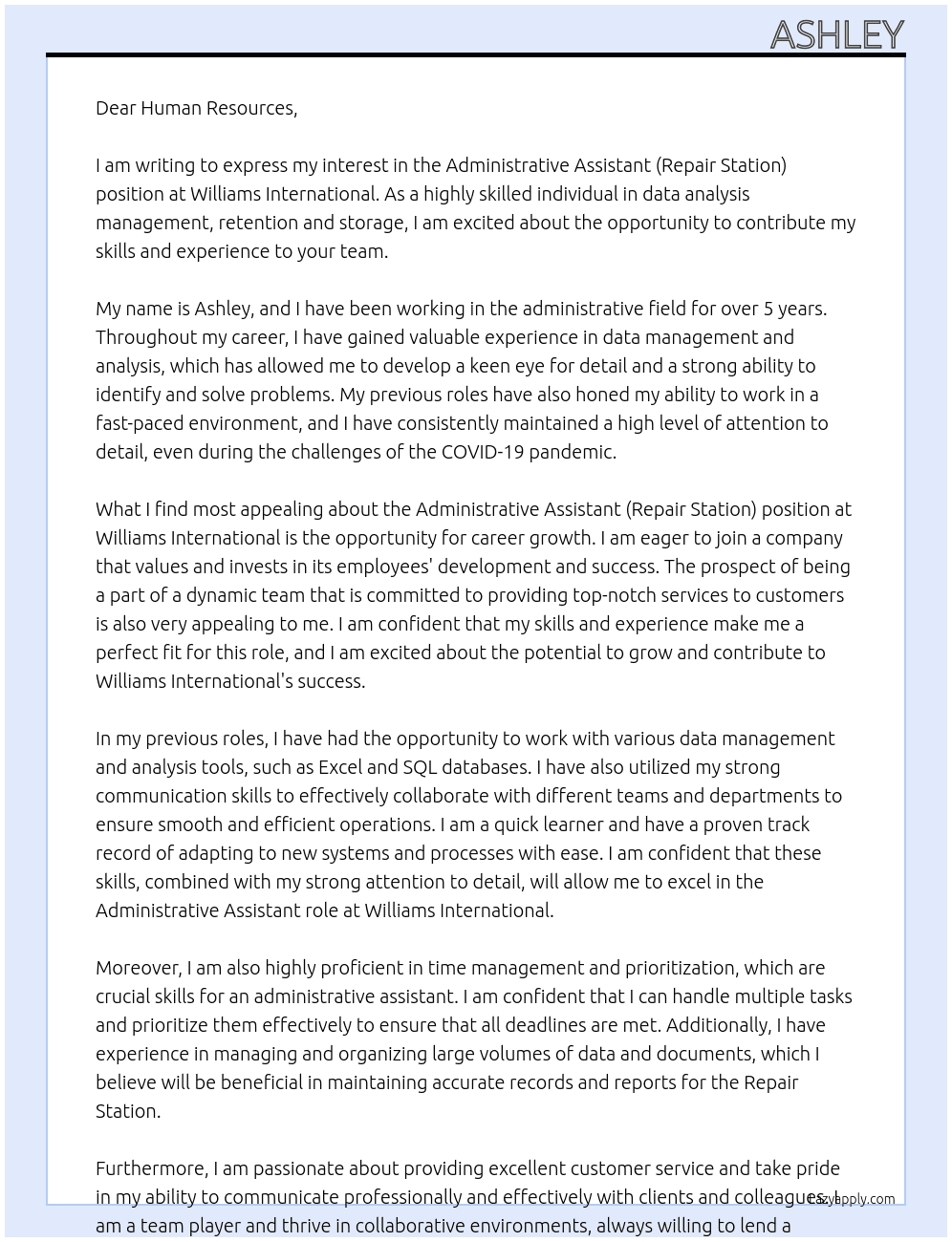Administrative Assistant (Repair Station) At Williams International Cover Letter