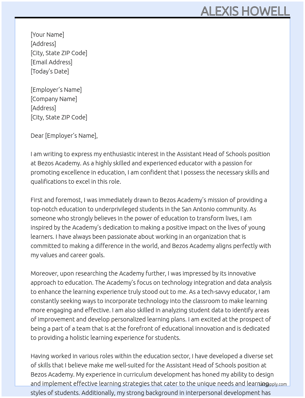 Assistant Head Of Schools  At Bezos Academy  Cover Letter