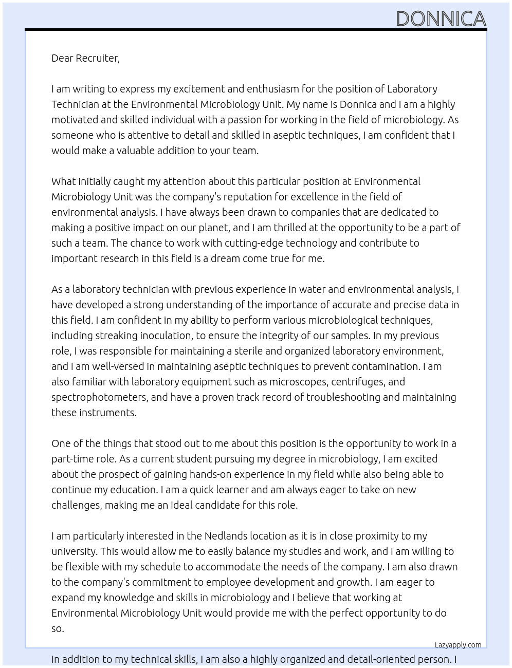 Laboratory Technician At Environmental Microbiology unit Cover Letter