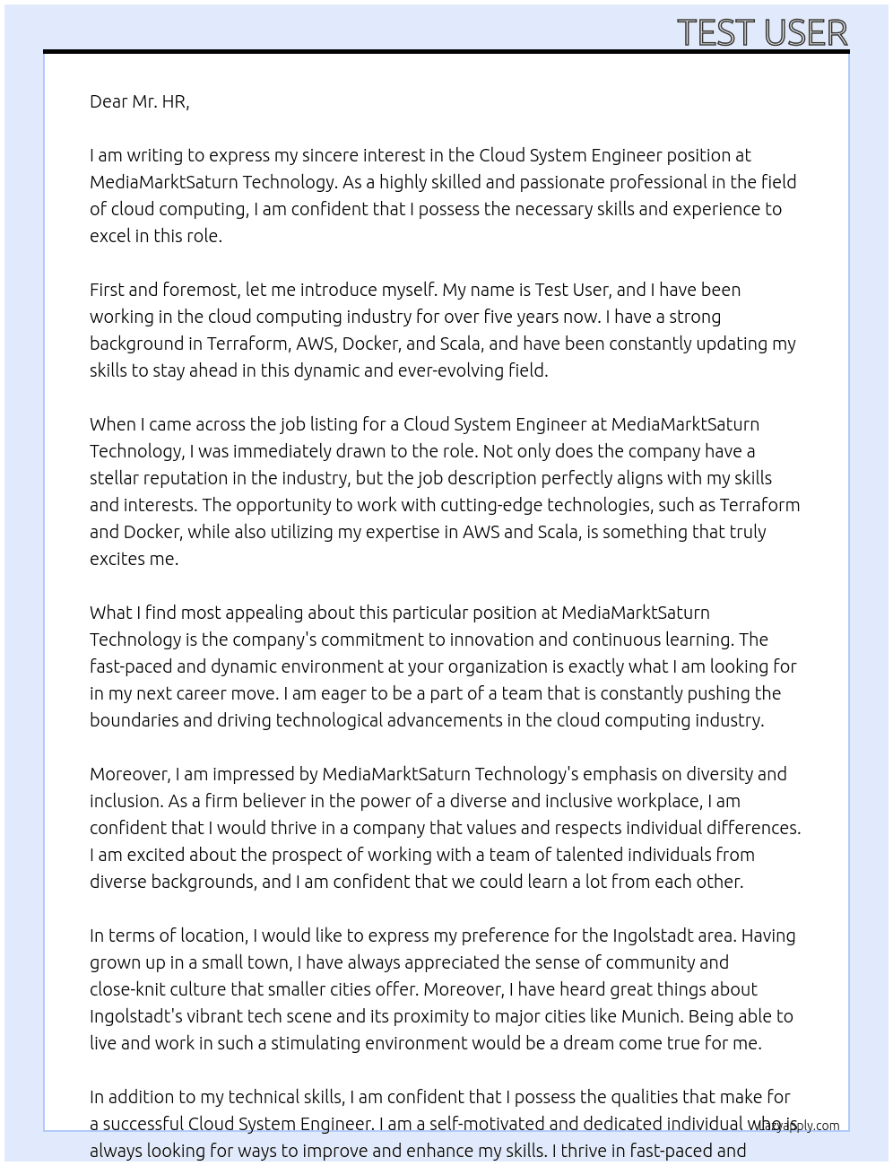 Cloud System Engineer At MediaMarktSaturn Technology Cover Letter