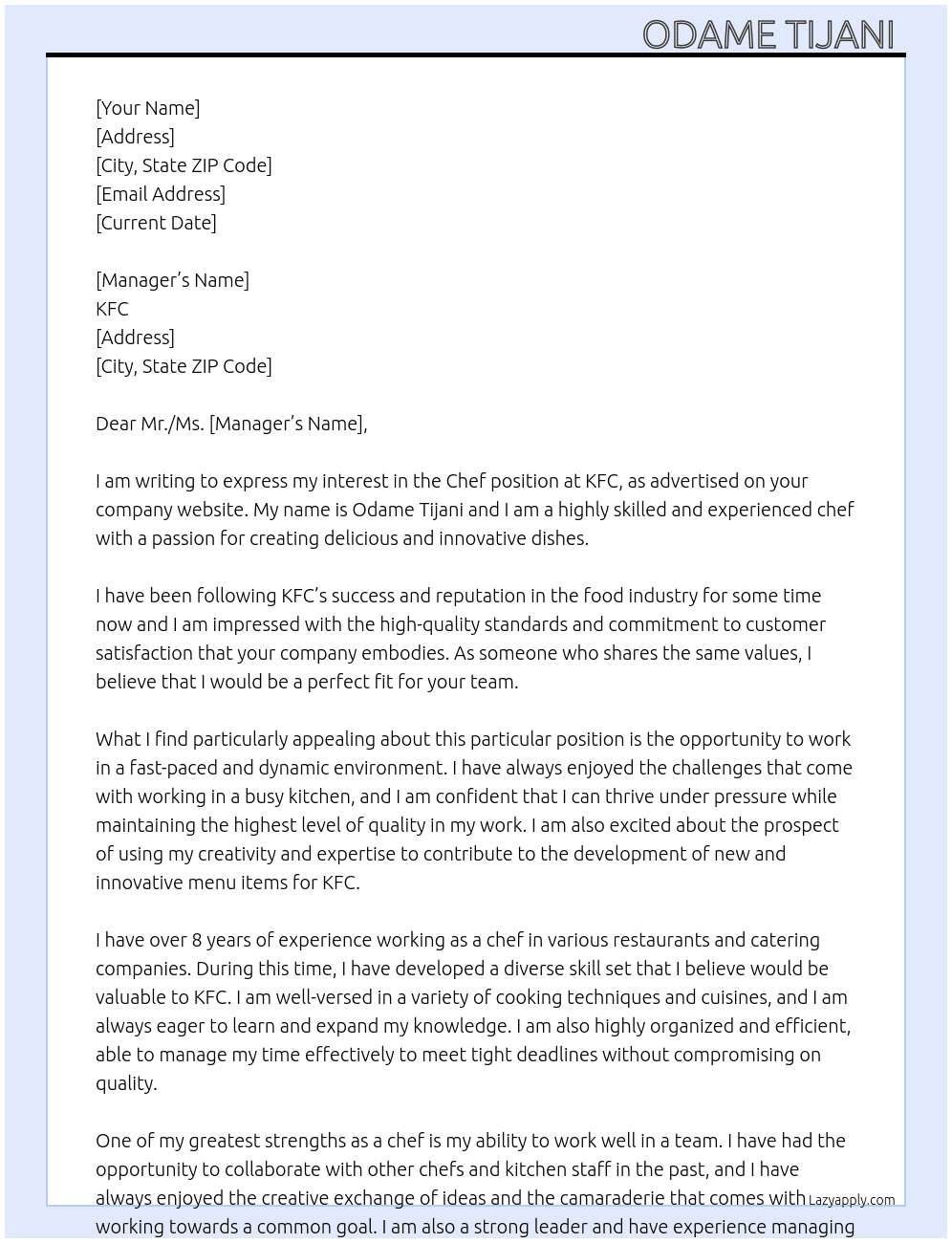 Chef  At KFC  Cover Letter