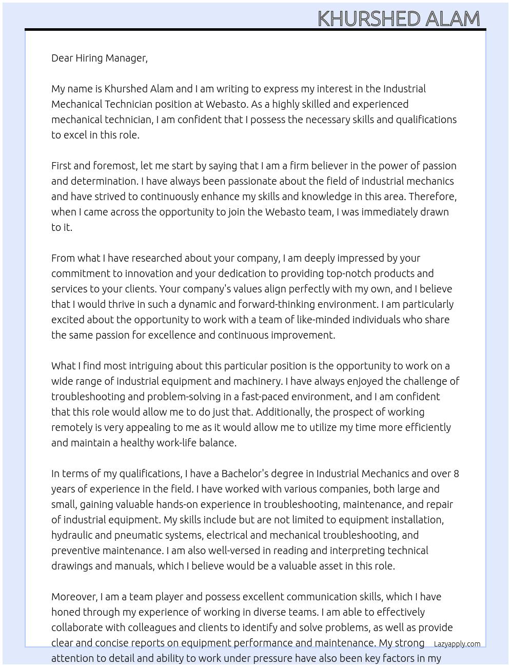 Industrial mechanical technician At Webasto Cover Letter