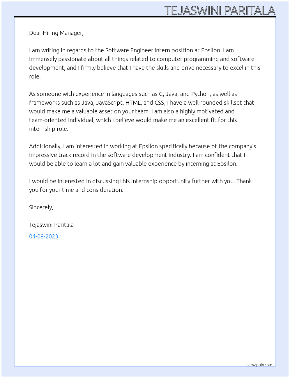 Software engineer intern At epsilon Cover Letter