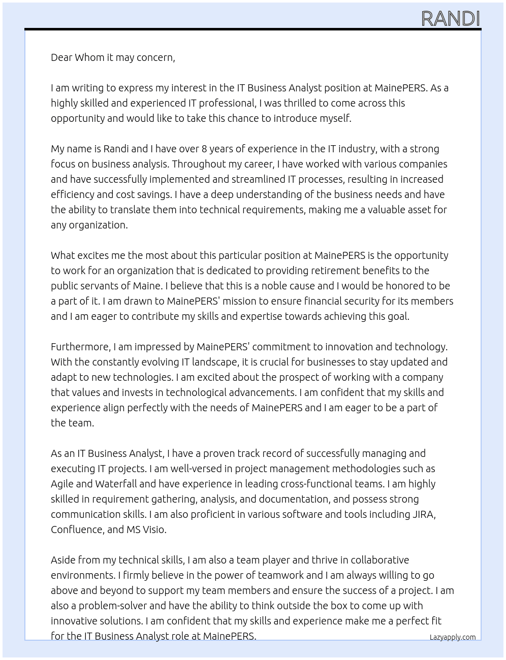 IT Business Analyst At MainePERS Cover Letter