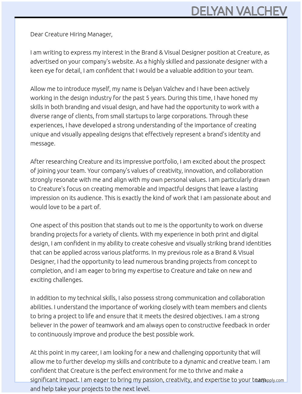 Brand & Visual Designer At Creature Cover Letter