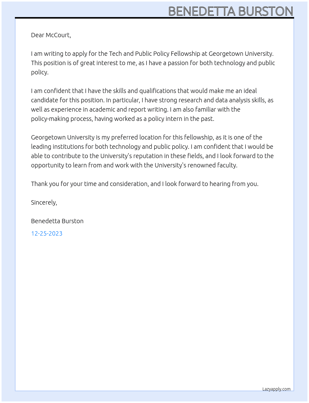 Tech and Public Policy Fellowship At McCourt, Cover Letter