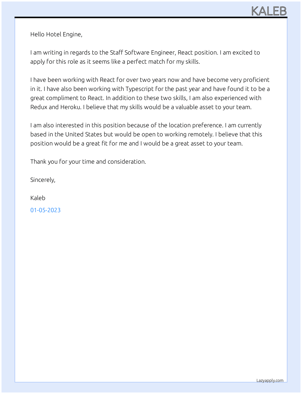 Cover letter for staff software engineer, react - LazyApply