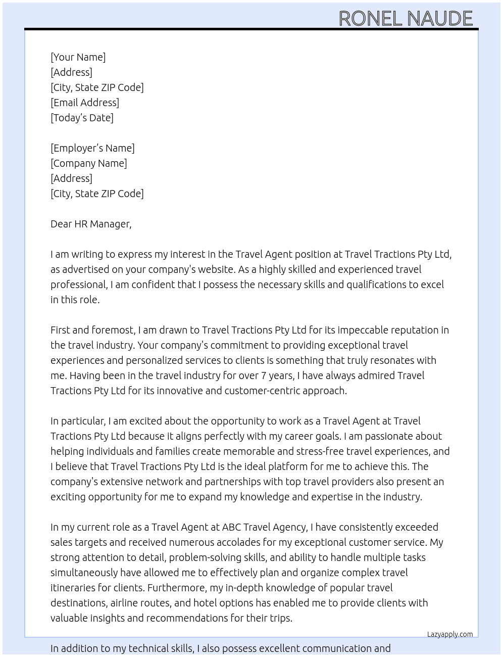Travel Agent At Travel Tractions Pty Ltd Cover Letter