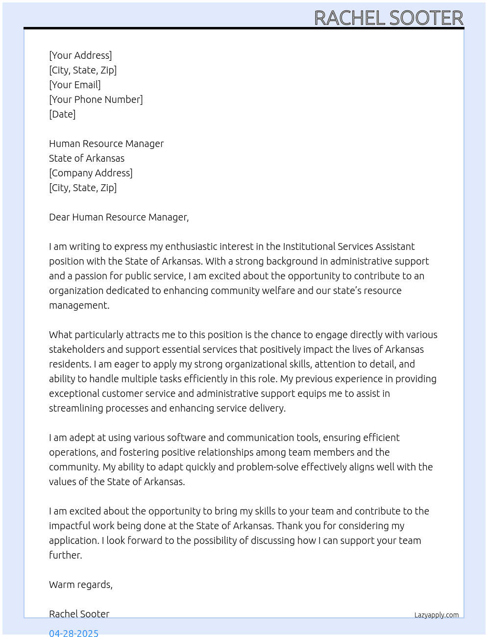 Cover letter for institutional services assistant - LazyApply