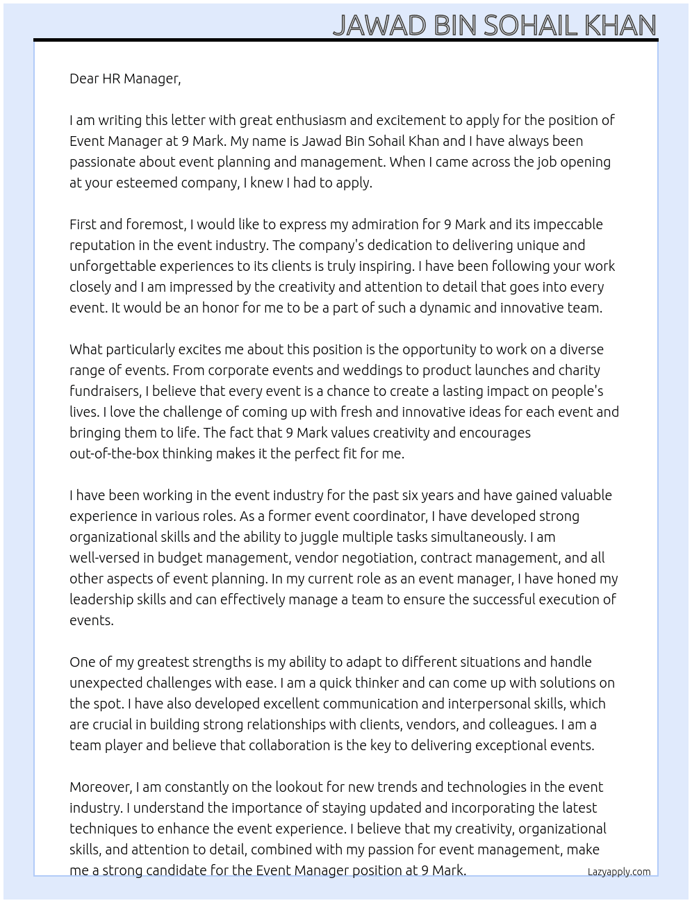 Event Manager At 9 Mark Cover Letter