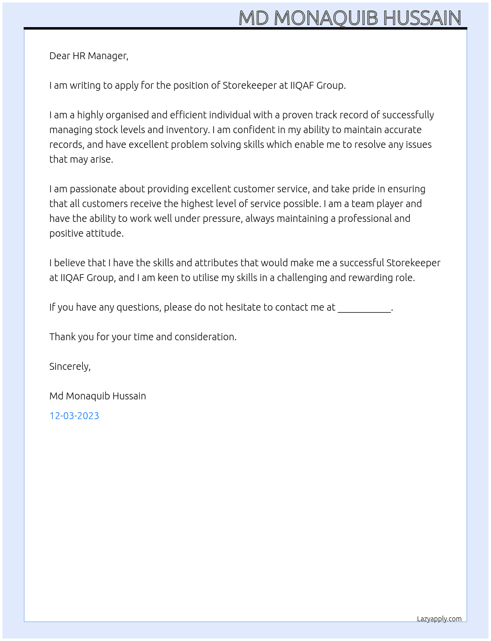 Storekeeper  At IIQAF GROUP  Cover Letter