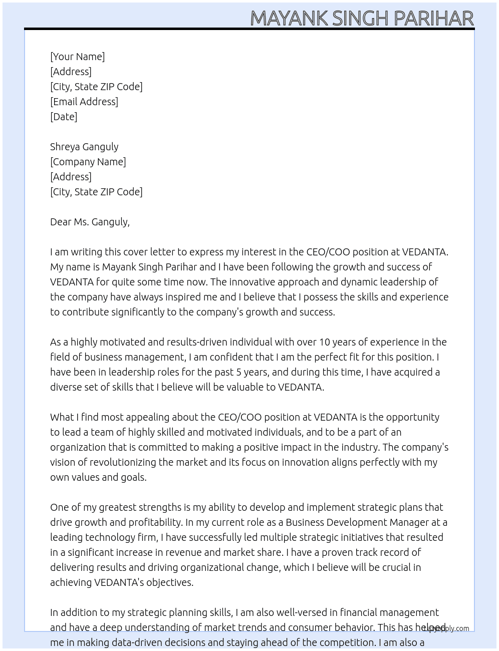 CEO or COO At VEDANTA Cover Letter