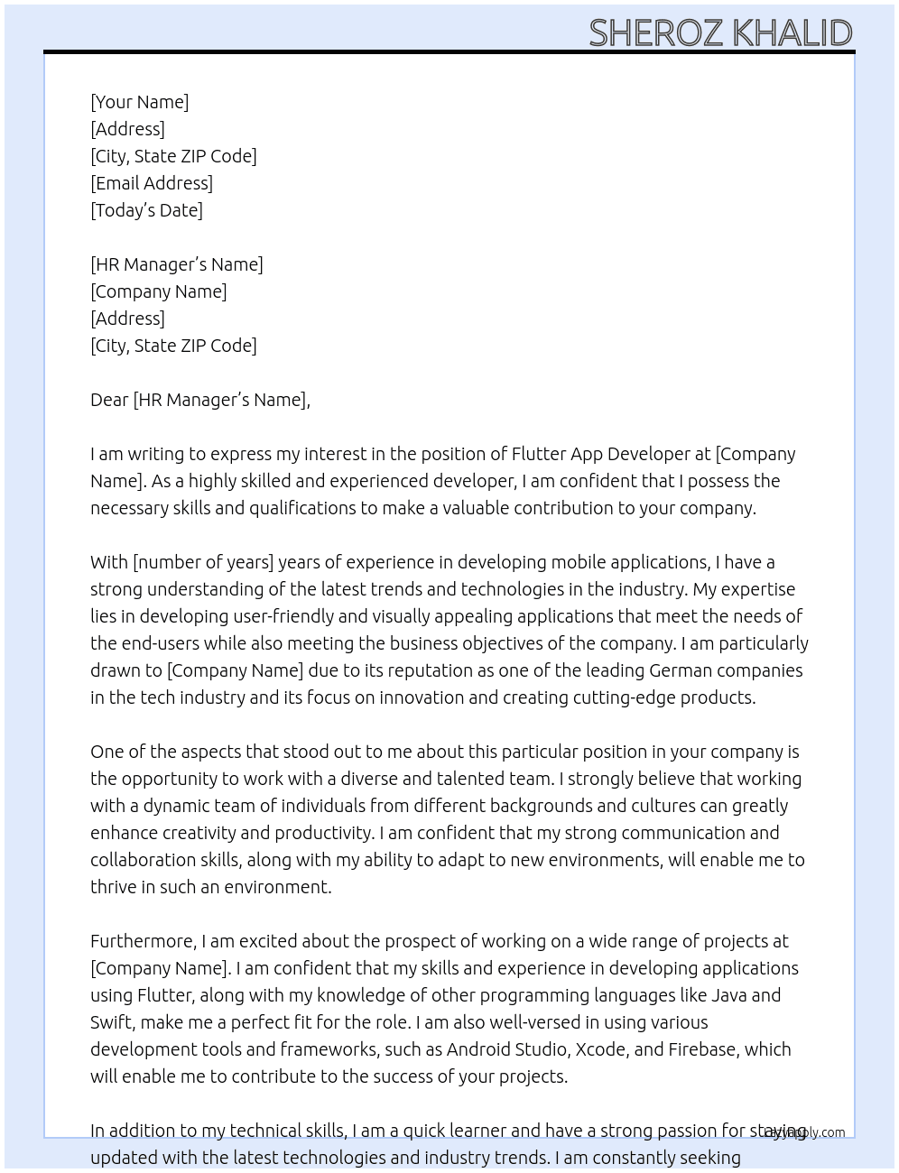 flutter app developer At german company Cover Letter