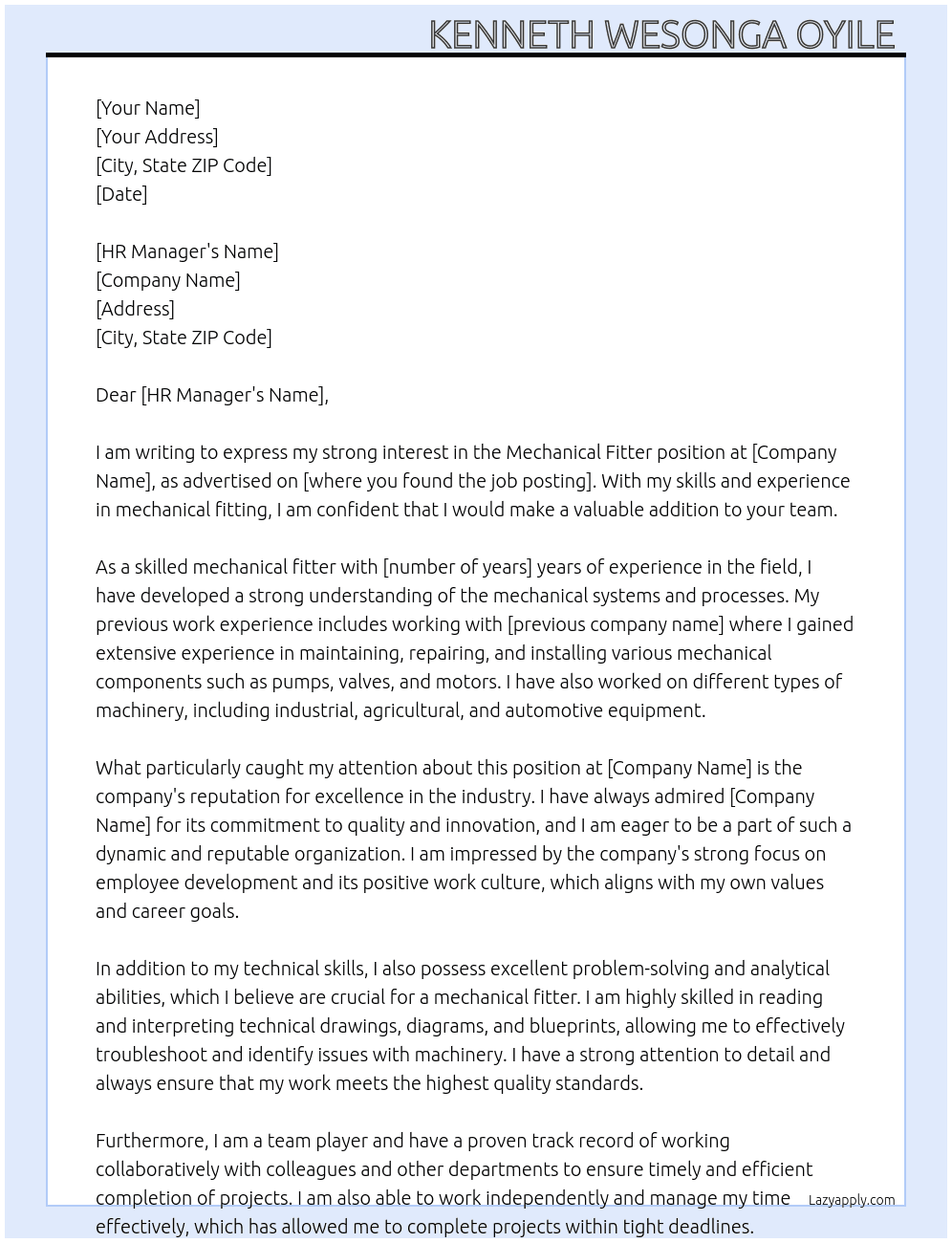 Mechanical Fitter At Mechanical Fitter Cover Letter