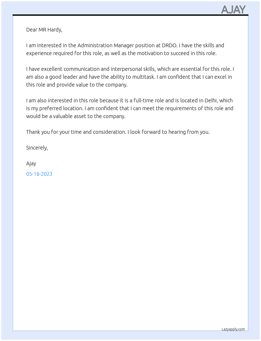Administration Manager  At DRDO Cover Letter