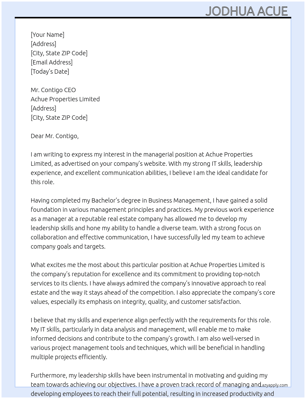 manageral At Achue Properties Limited  Cover Letter