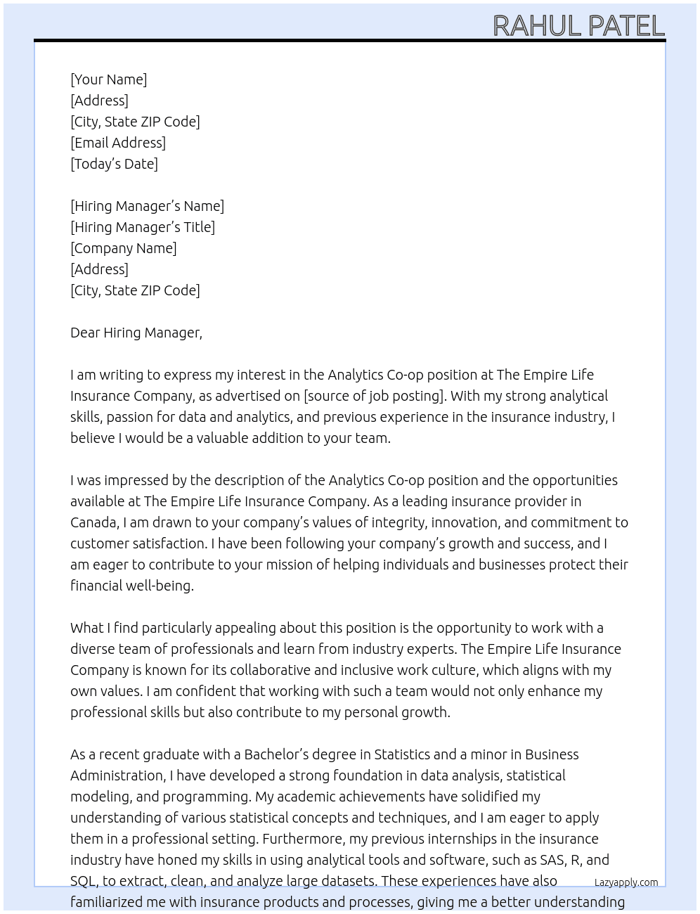 Analytics Co-op At The Empire Life Insurance Company Cover Letter