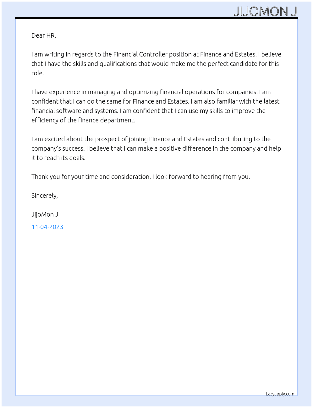 Financial Controller At Finance and Estates Cover Letter