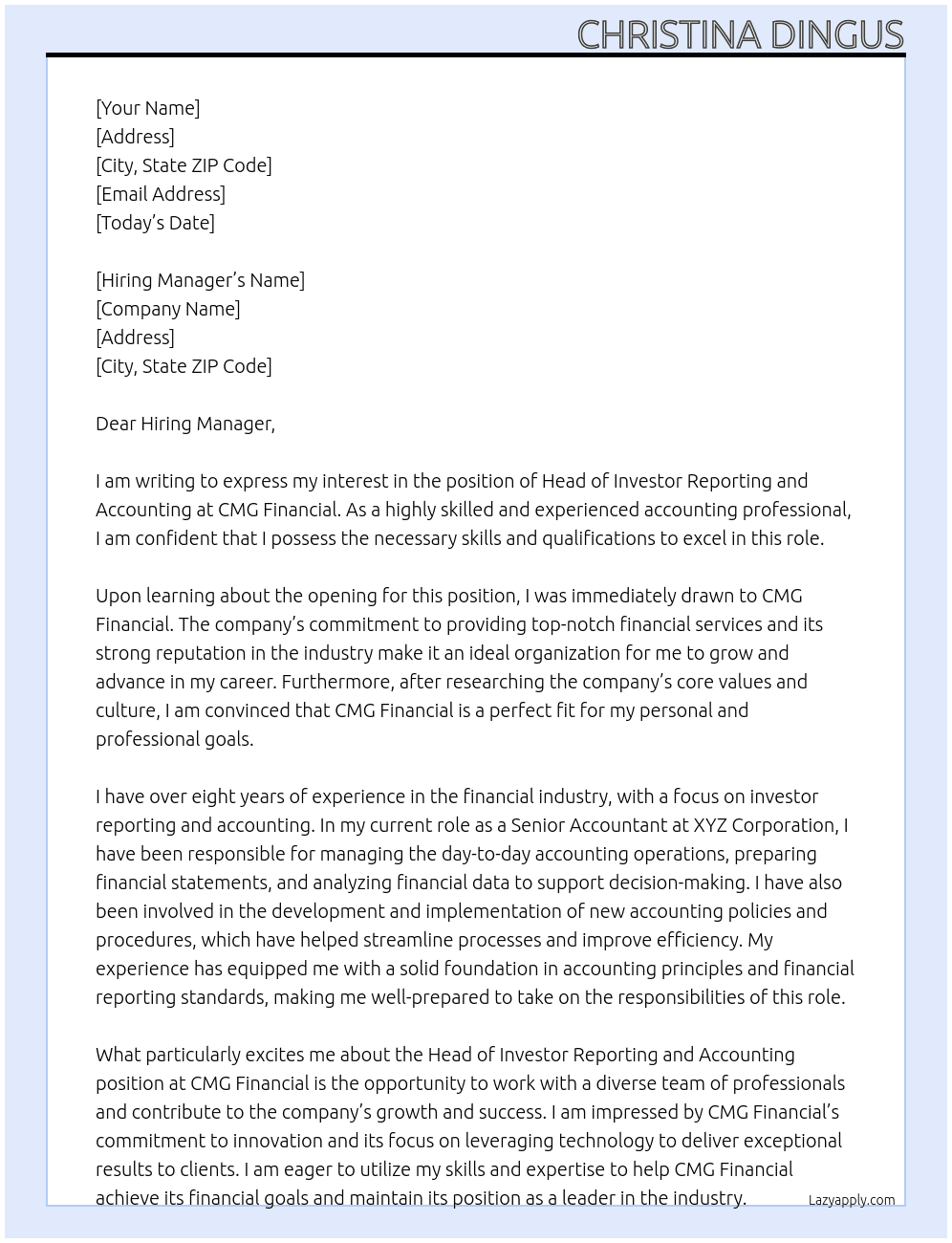 Head of Investor Reporting and Accounting At CMG Financial Cover Letter