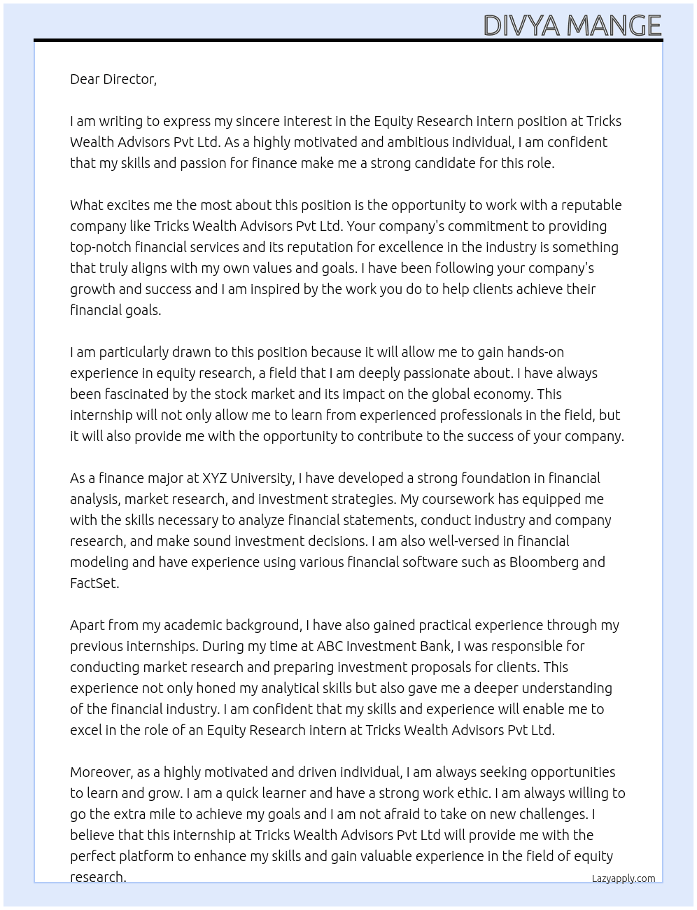 Equity Research intern At Tricks Wealth Advisors Pvt Ltd  Cover Letter
