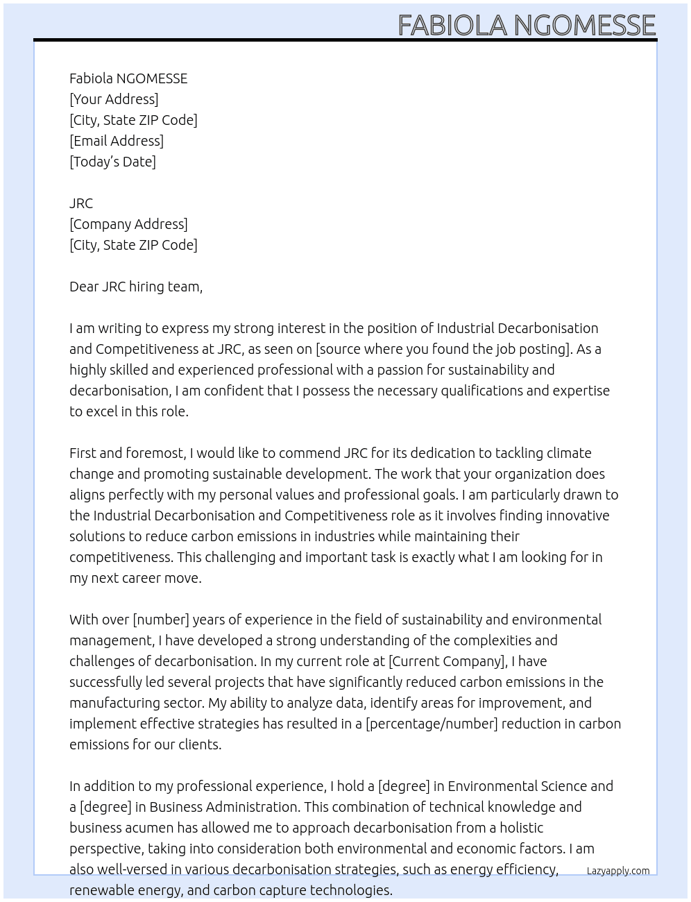 – Industrial decarbonisation and competitiveness At JRC Cover Letter