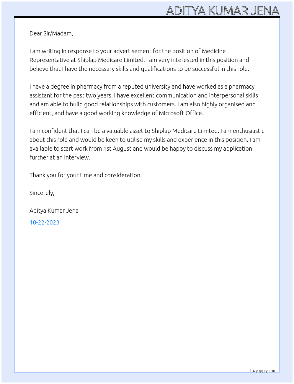 Medicine Representative  At Shiplap Medicare Limited  Cover Letter