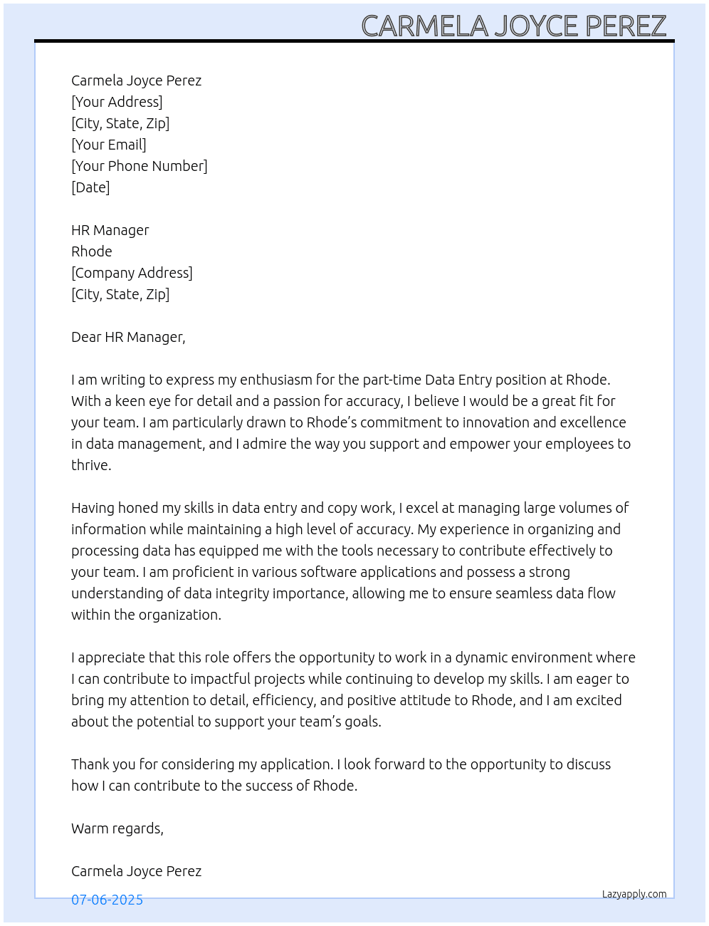 data entry At Rhode  Cover Letter