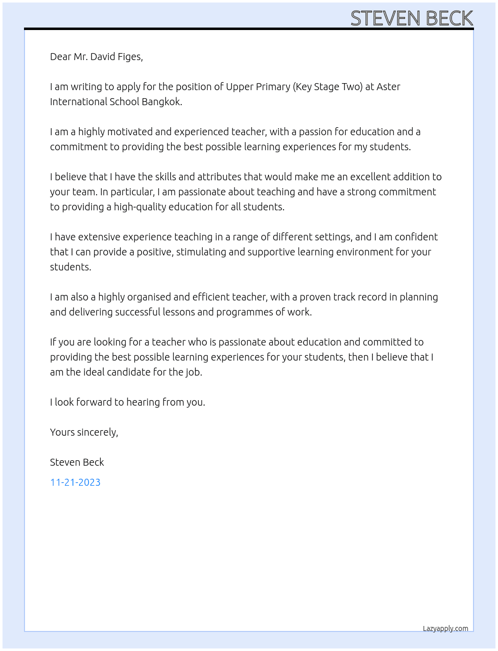 Upper Primary (Key Stage Two) At Aster International School Bangkok Cover Letter