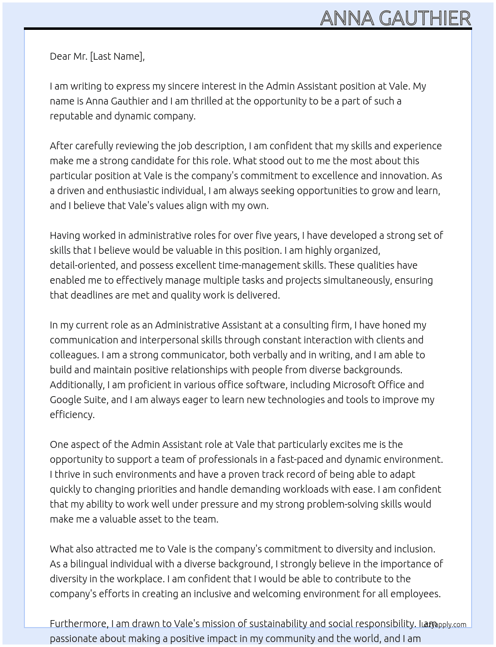 Admin Assistant At Vale Cover Letter