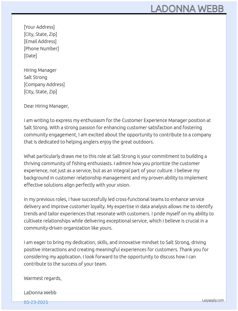 Customer Experience Manager  At Salt Strong Cover Letter