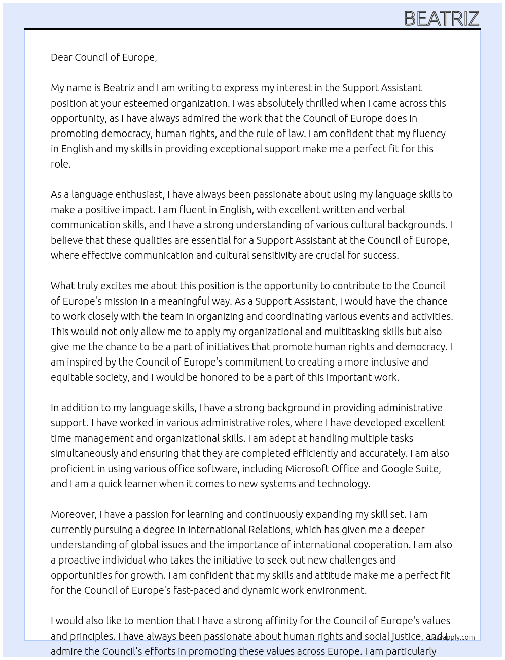Support assistant with fluency in english At Council of Europe Cover Letter