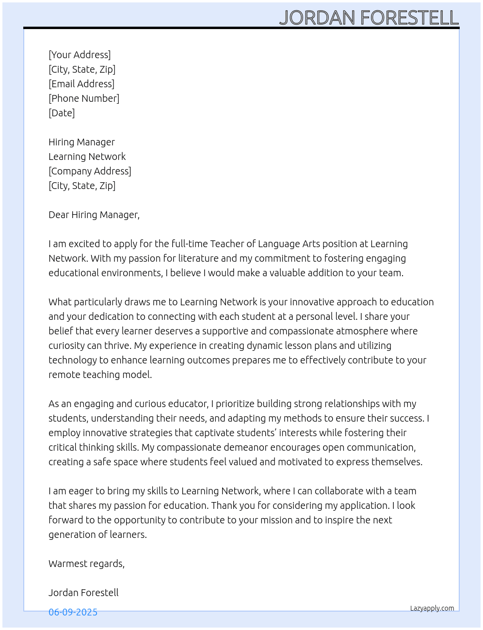 Cover letter for teacher language arts - LazyApply