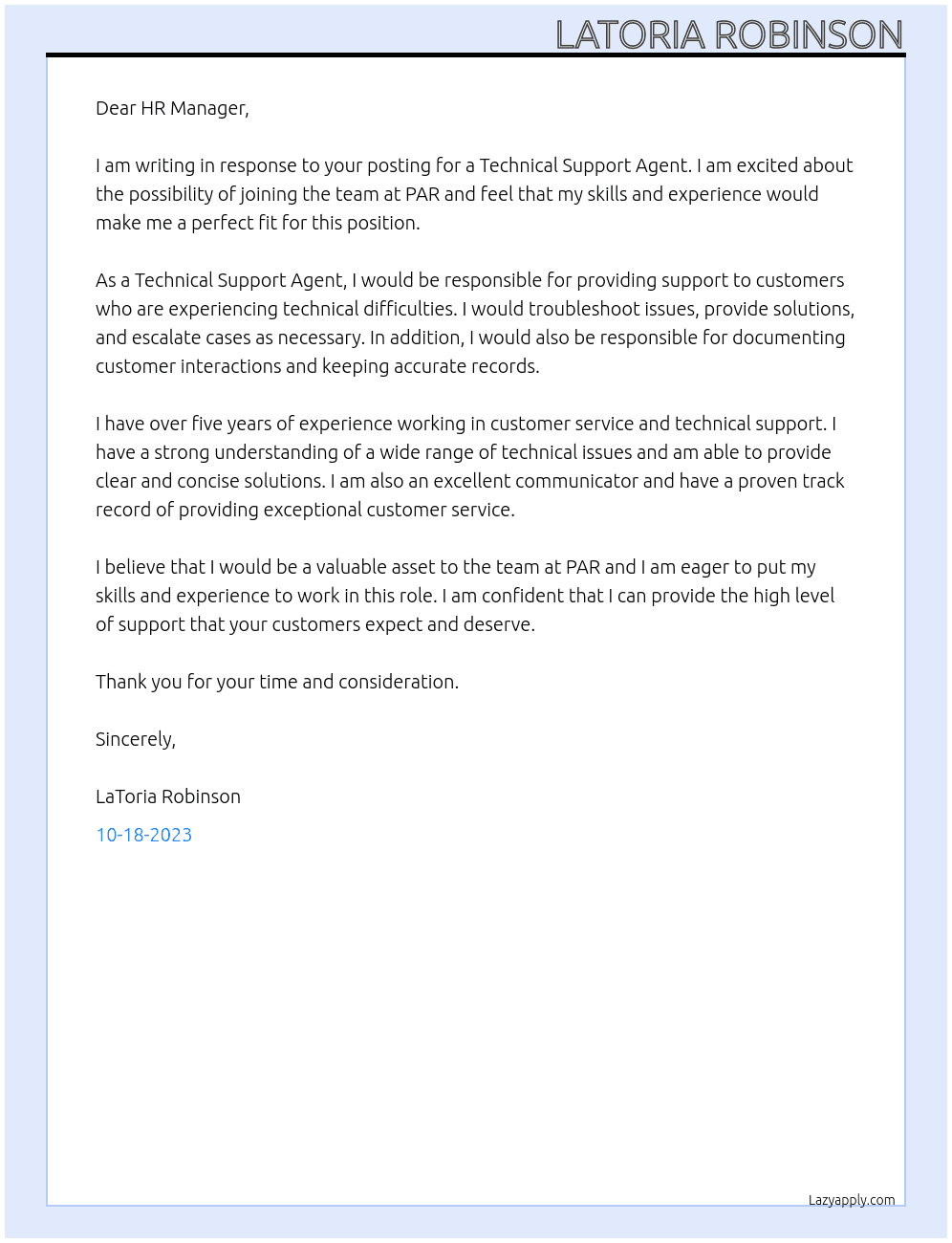 Technical Support Agent  At PAR Cover Letter
