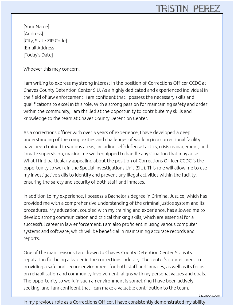 Corrections Officer CCDC At Chaves County detention center SIU Cover Letter