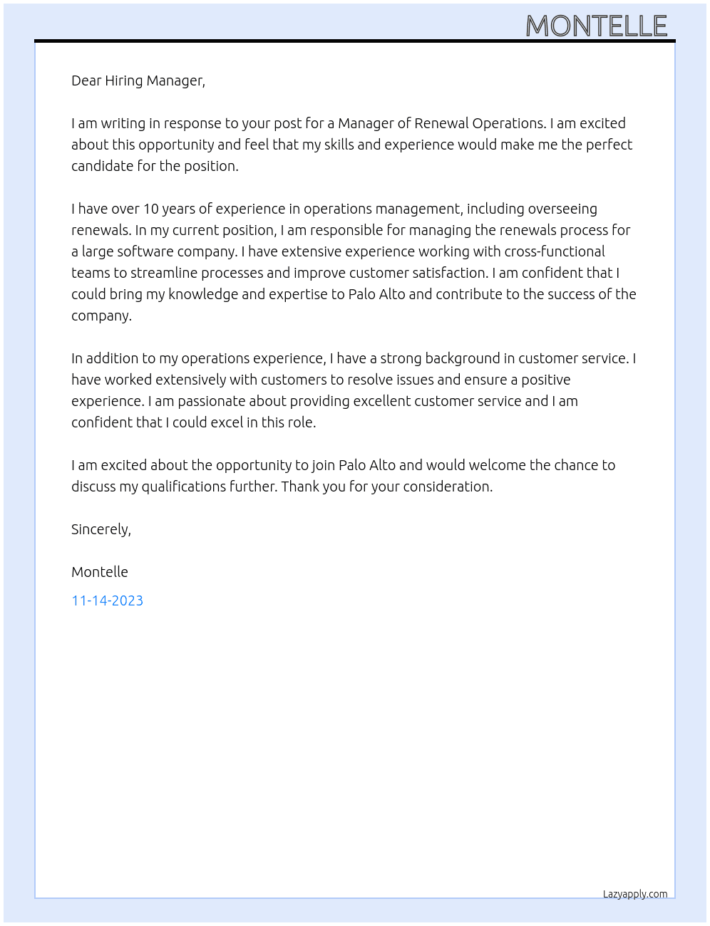 Manager of renewal operations  At Palo Alto Cover Letter