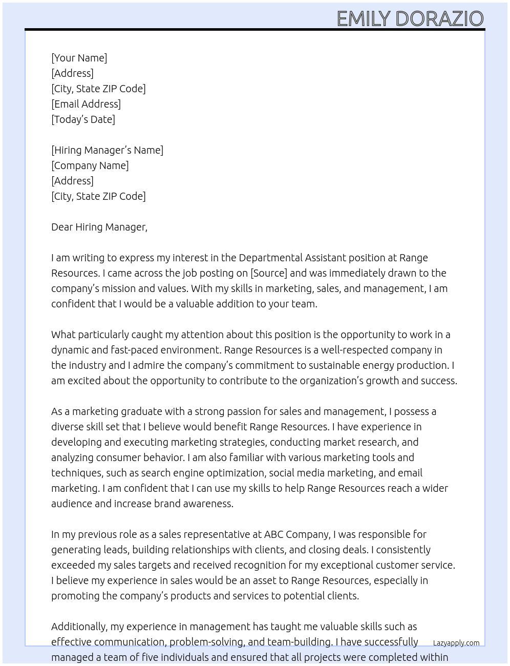 Departmental Assistant At Range Resources Cover Letter