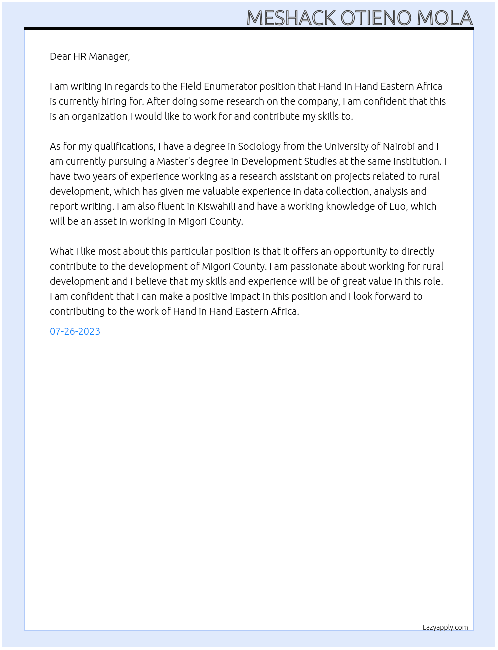 Field Enumerator At Hand in Hand Eastern Africa Cover Letter