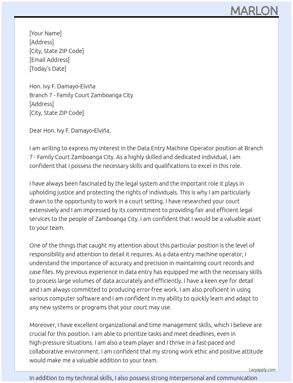 Data Entry Machine Operator At Branch 7 - Family Court Zamboanga City Cover Letter