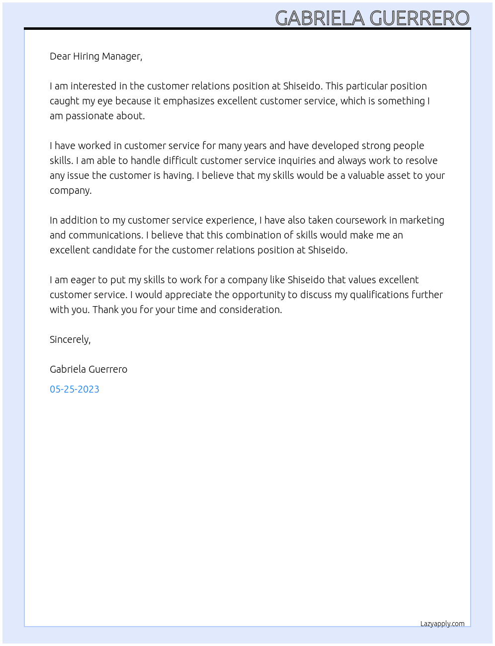 CUSTOMER RELATIONS At SHISEIDO Cover Letter