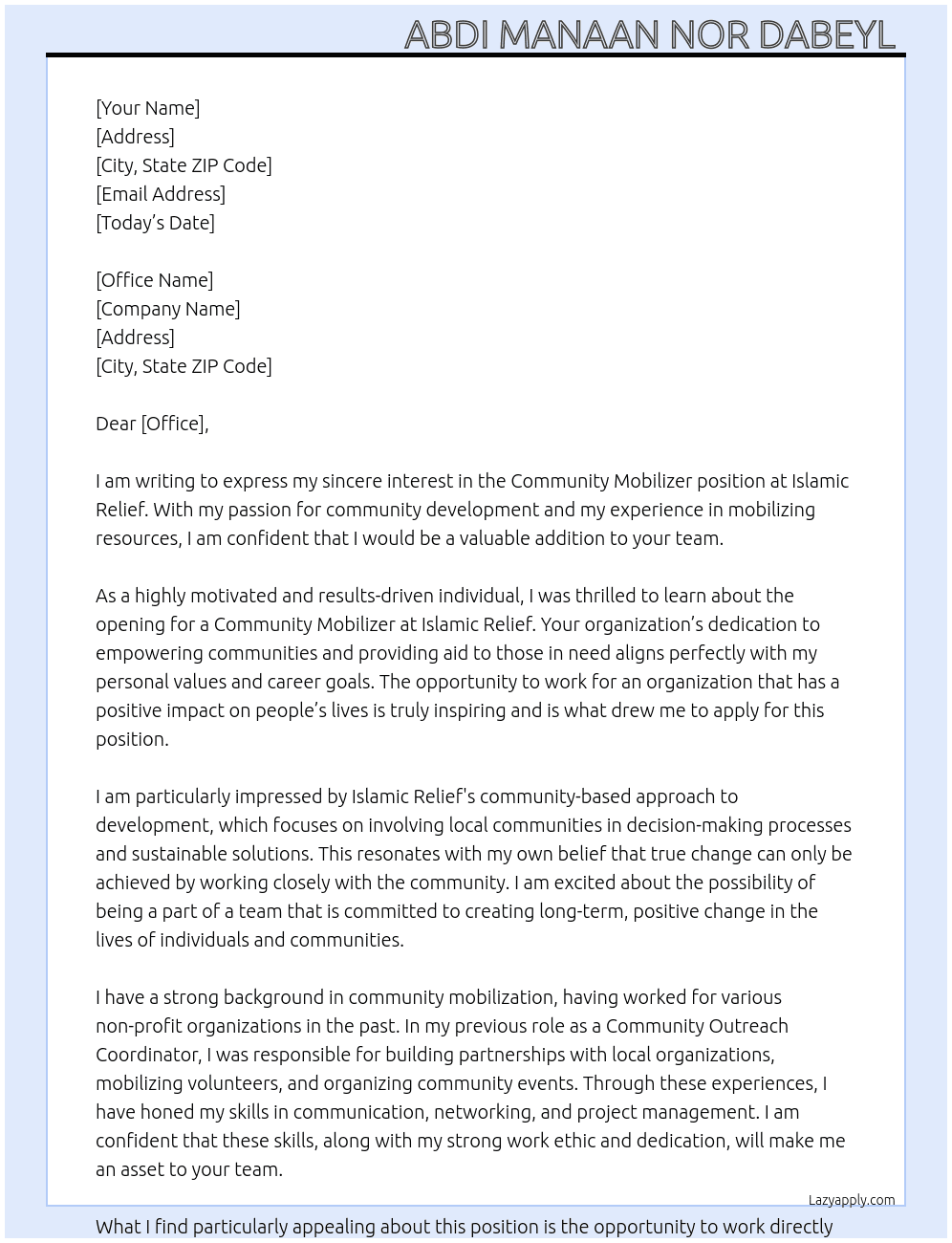 Community mobilizer  At Islamic relief  Cover Letter