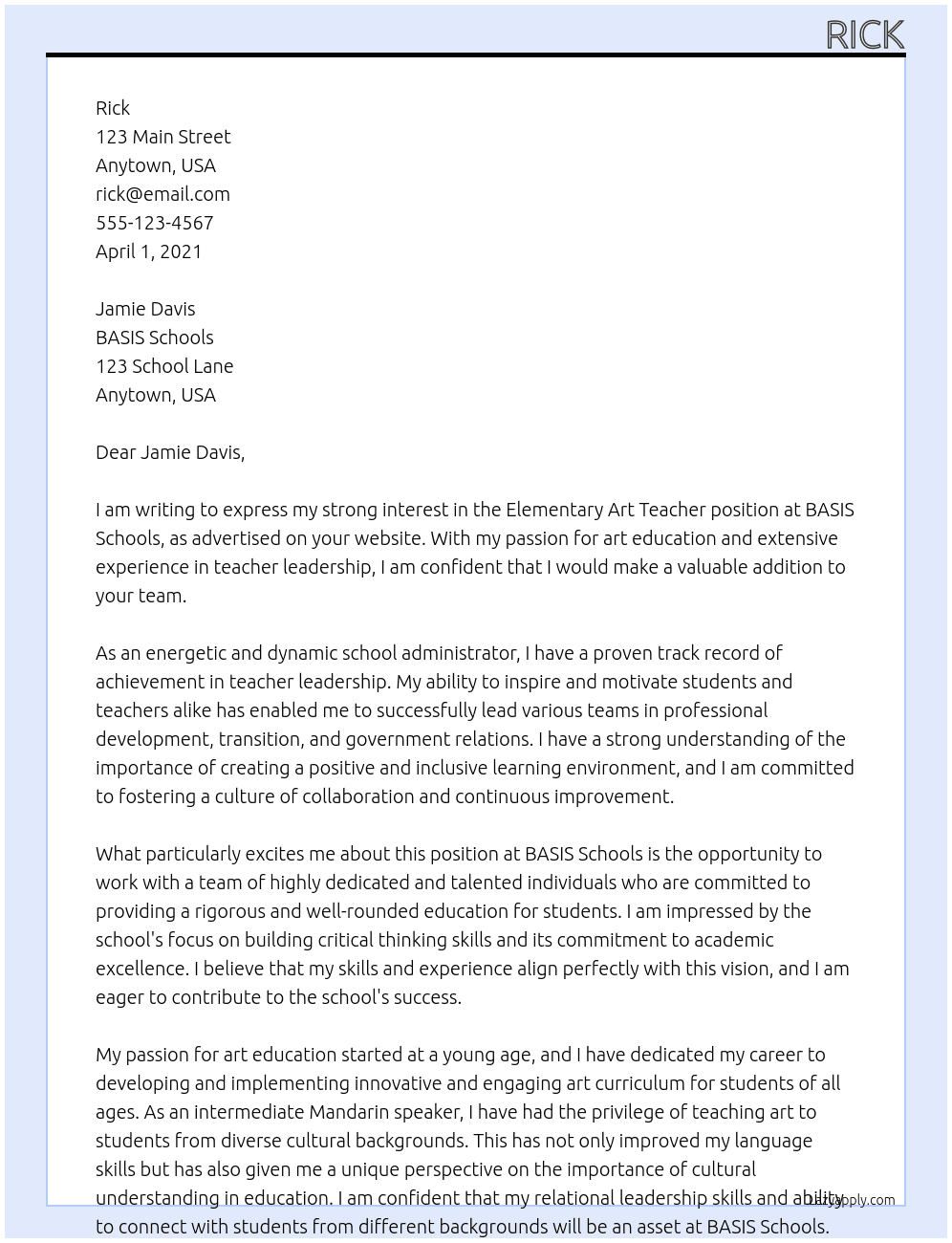 Elementry Art Teacher At BASIS schools Cover Letter