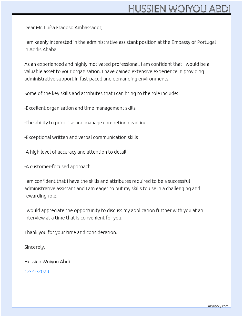 administrative assistant  At Embassy of Portugal in Addis Ababa Cover Letter