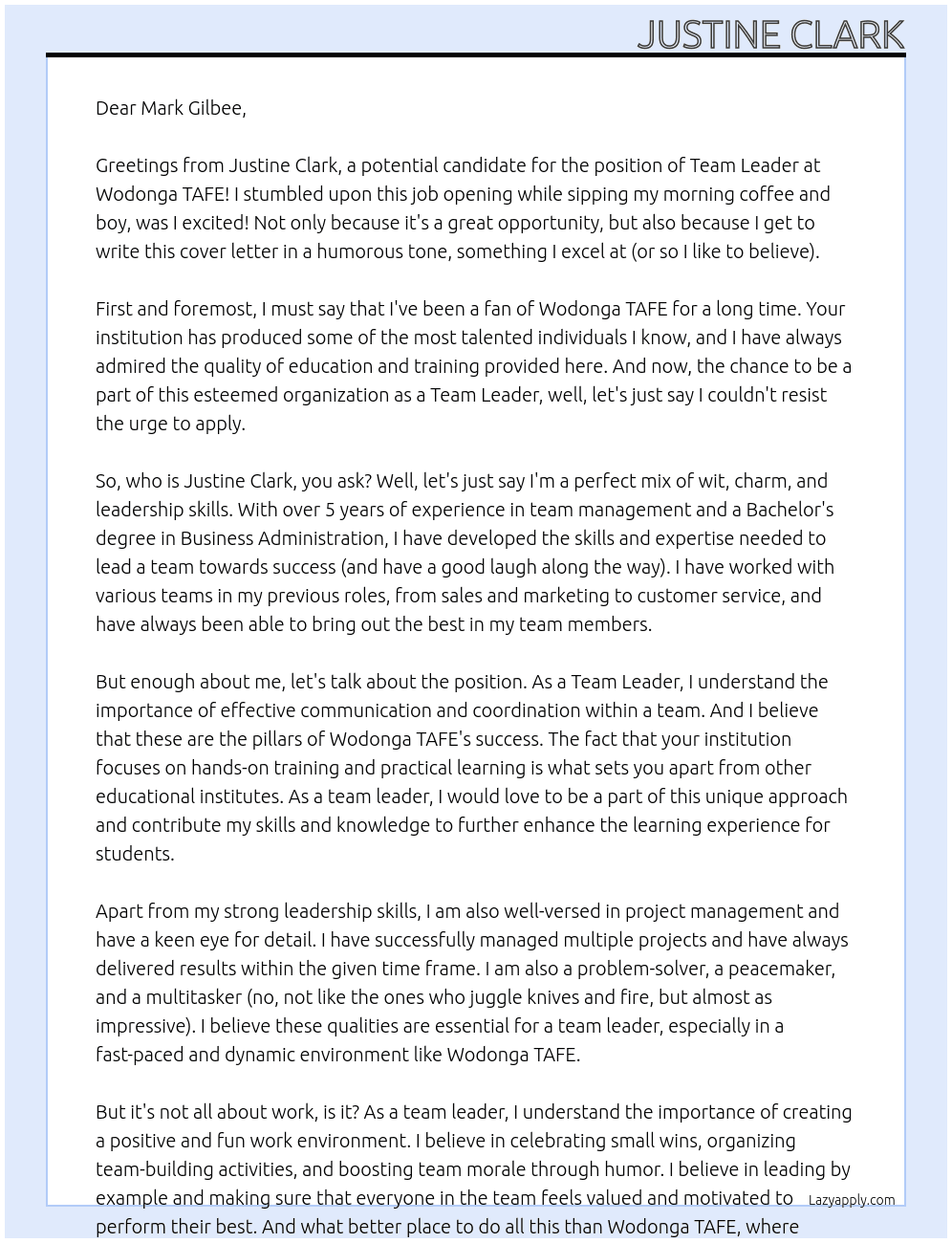 team leader At Wodonga TAFE Cover Letter