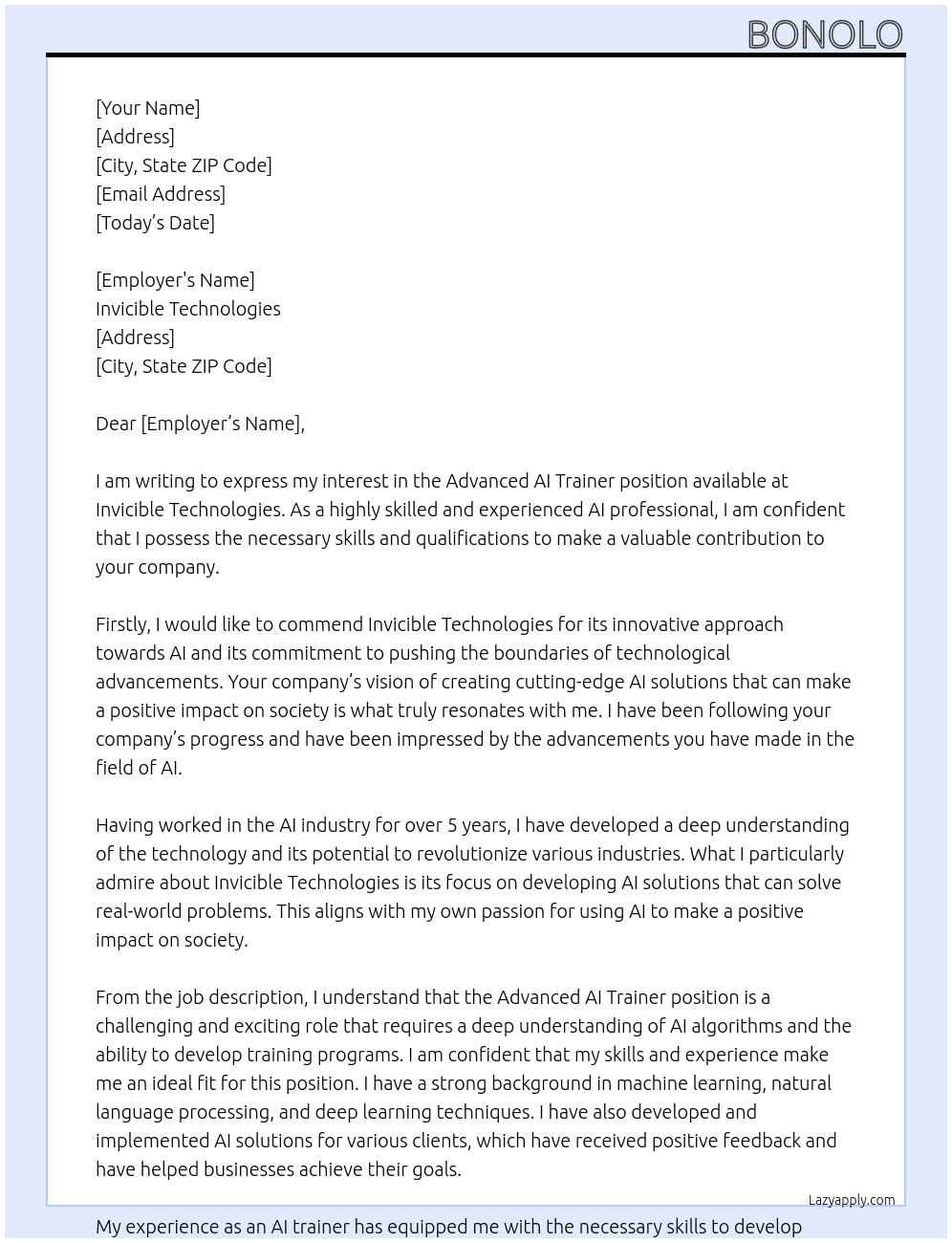 Advanced Al trainer At Invicible technologies  Cover Letter