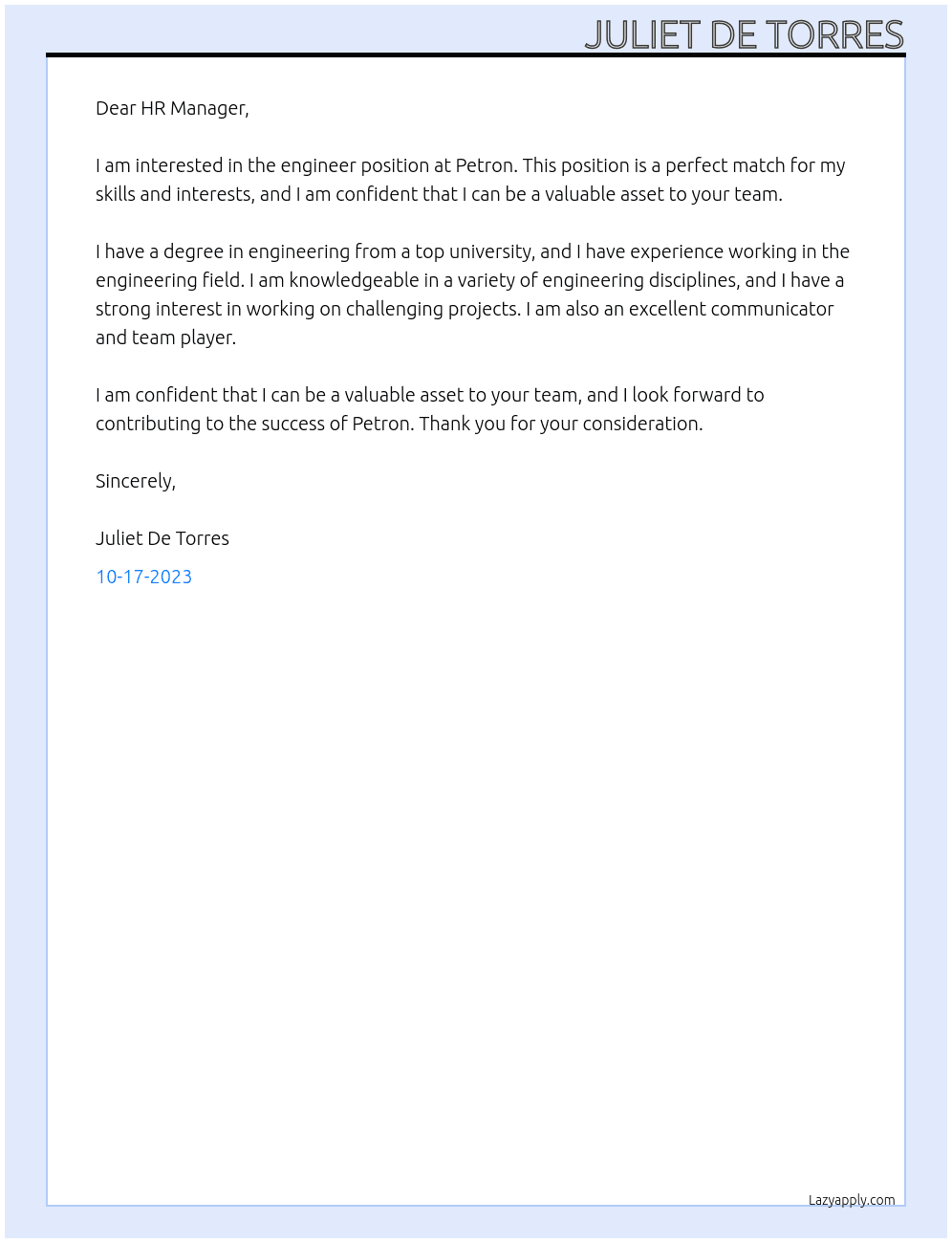 Engineer At Petron Cover Letter