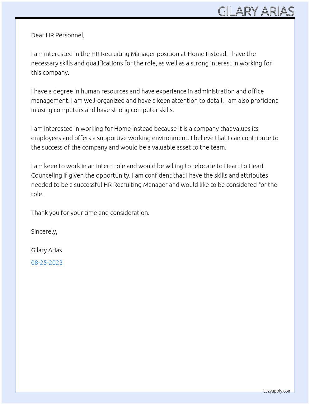 HR Recruiting manager At Home Instead Cover Letter
